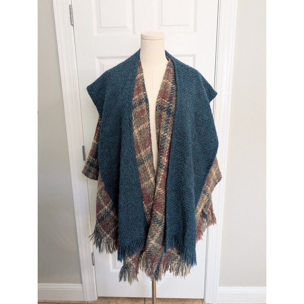 Boyne Valley Weavers Ireland Tartan Plaid Wool Blend Cape Poncho Shawl Fringe OS